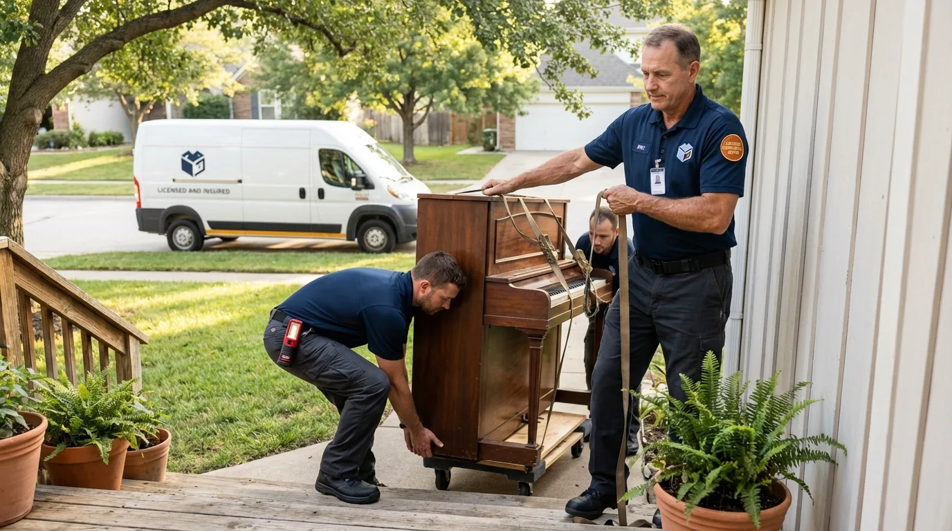 Licensed piano movers securing grand piano in Lincoln, KS