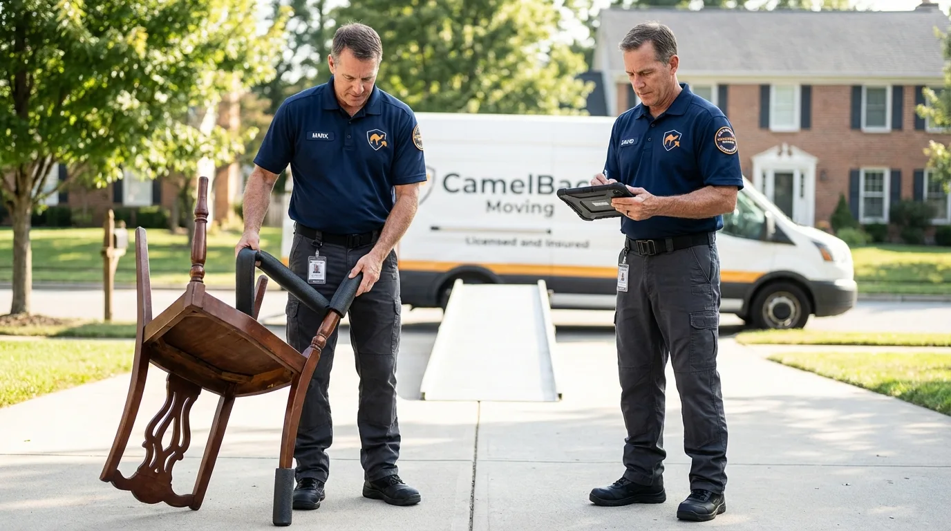 Movers inspecting furniture for damage prevention before loading in Lincoln, KS
