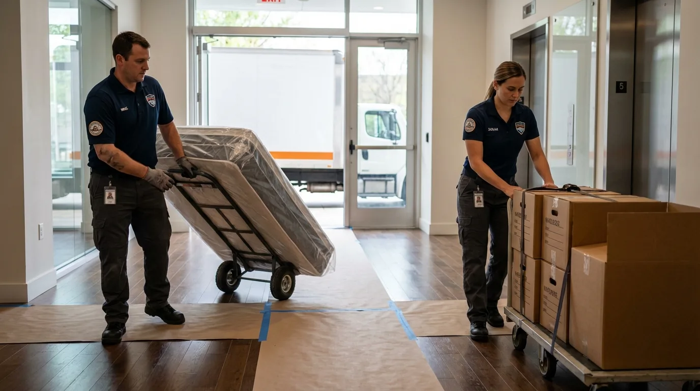 Professional apartment movers loading elevator in Lincoln, KS